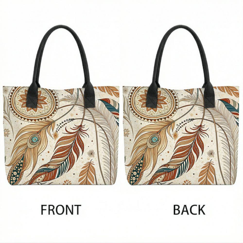 Boho Feather Print Canvas Tote Large Casual Shoulder Bag for Daily Shopping