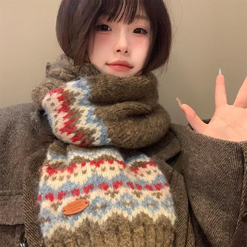 Fair Island wind wool knitted Christmas scarf women's winter thickened warm scarf new Korean atmosphere