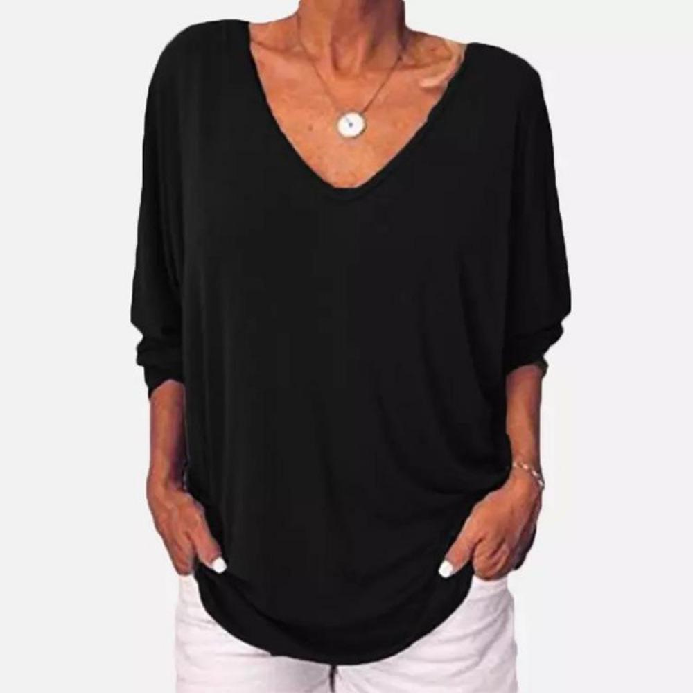 V-Neck Bat Seven-Point Sleeve Back Button T-Shirt Loose Top Women