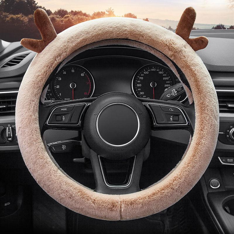 Car Accessories Winter Warmth Steering Wheel Cover Christmas Gift Cute Antlers Steering Wheel Protections Cover Plush Anti-Slip