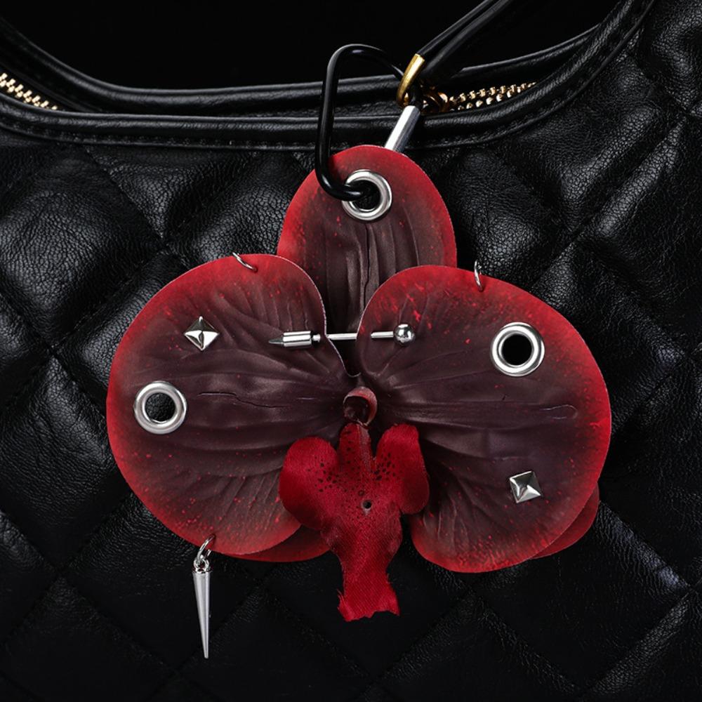 Leaves Phalaenopsis Orchid Keychain Puncture Rivet Bag Pendant  Women Girls