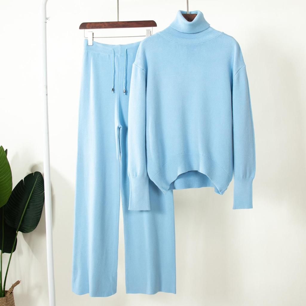 Брючные костюмы из двух предметов, осенне-зимний женский новый свитер с высоким воротом, эластичные широкие брюки с высокой талией, вязаный комплект