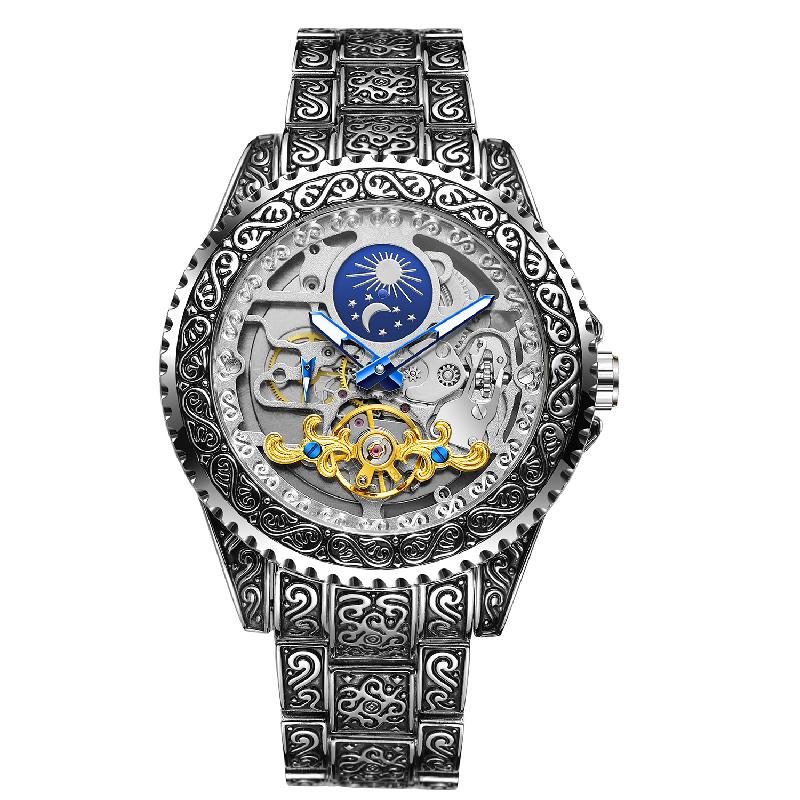 FORSINING Men's Automatic Watch Vintage Engraving Tourbillon Mechanical Skeleton Day Night Dial Wristwatch Stainless Steel Strap