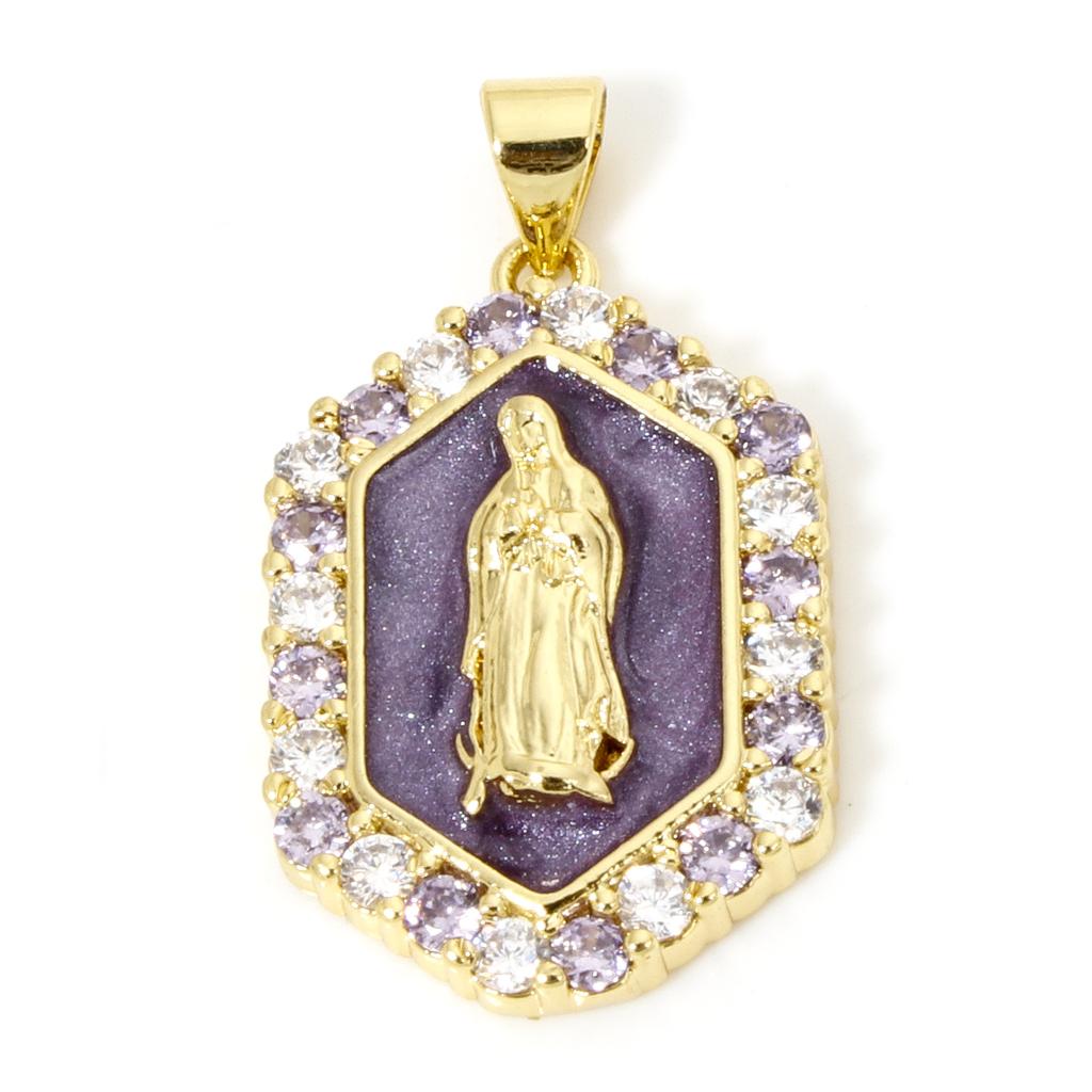 1 PC Virgin Mary Religious Brass Pendants 18K Gold Plated Pearlized Hexagon Enamel Cubic Zirconia Charms Pendants 3cm x 1.7cm