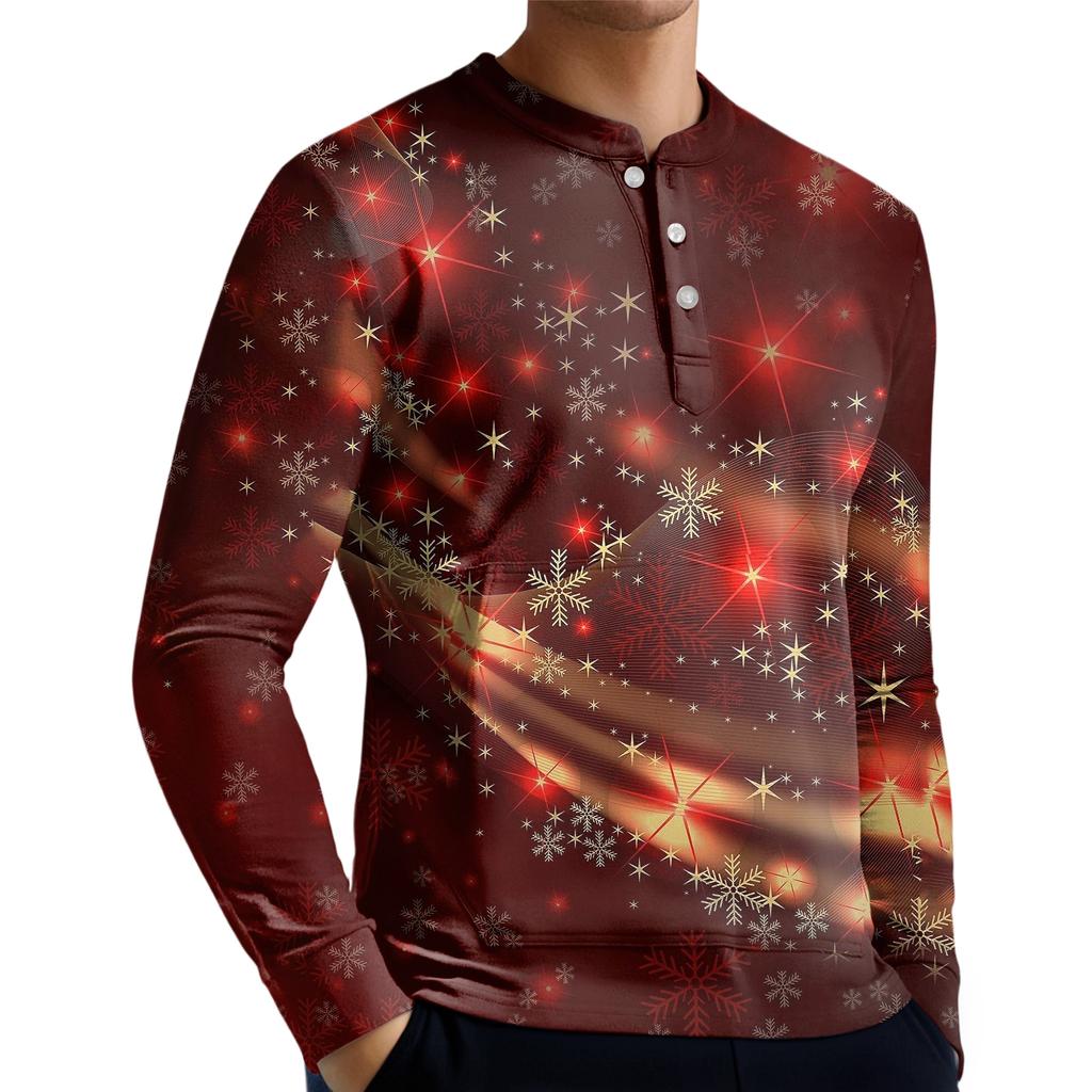 Men's Casual Button-Down Sweatshirt Fashion Printed Long Sleeve Shirt Pullover