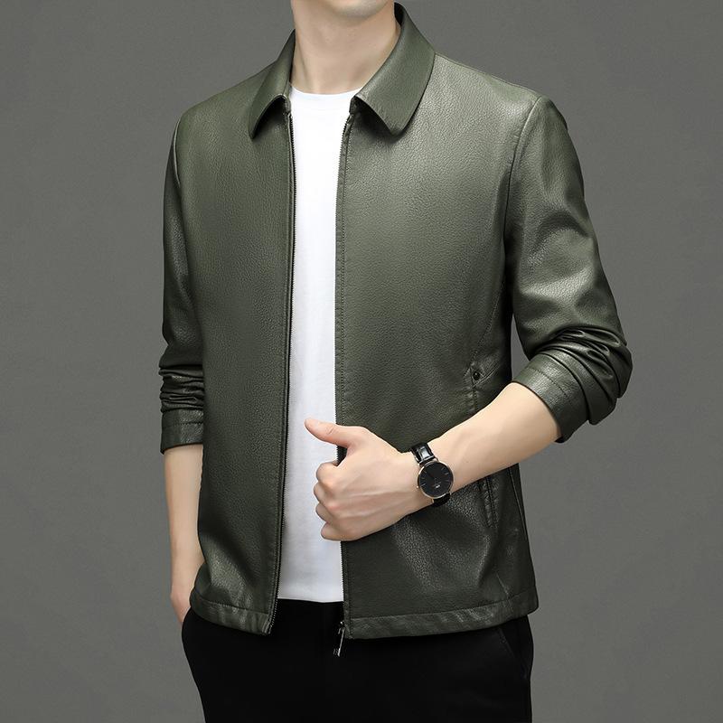 Куртка из натуральной овчины, мужская повседневная кожаная куртка, пальто для мужчин среднего возраста с отворотом Daddy Lapel, весенне-осенний стиль