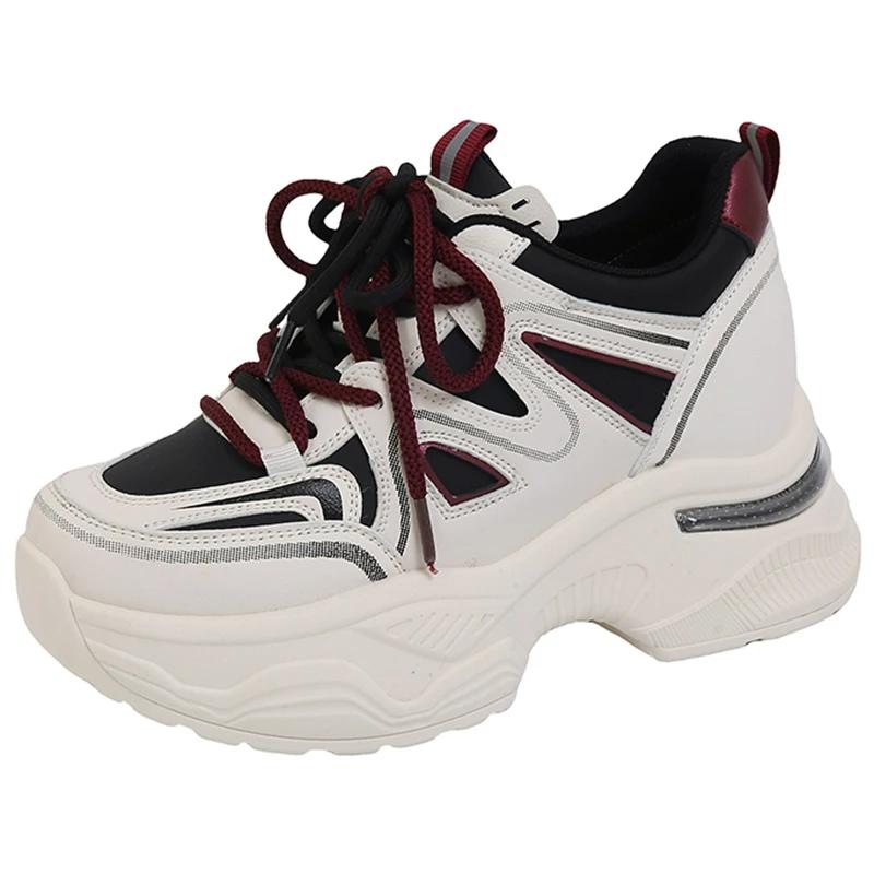Fashion Mix Color Platform Sneakers Women Spring Pu Leather Thick Bottom Vulcanize Shoes Female Lace-Up Non-Slip Sports Shoes Ladies