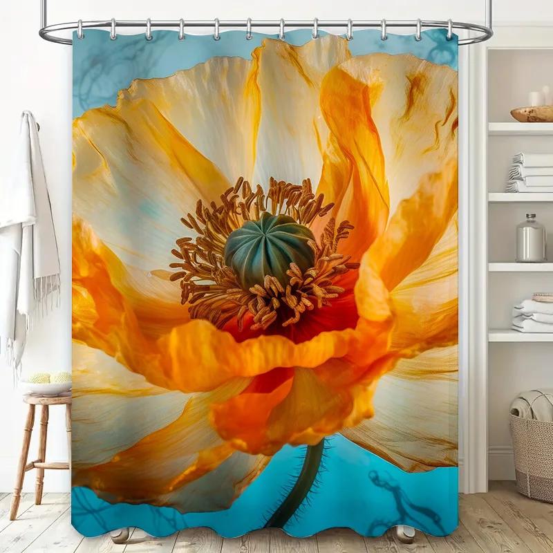 Водонепроницаемая шторка для душа с маками Яркий цветочный принт Декор для ванной комнаты для домашнего декора Синие Желтые Цветочные шторки для душа в