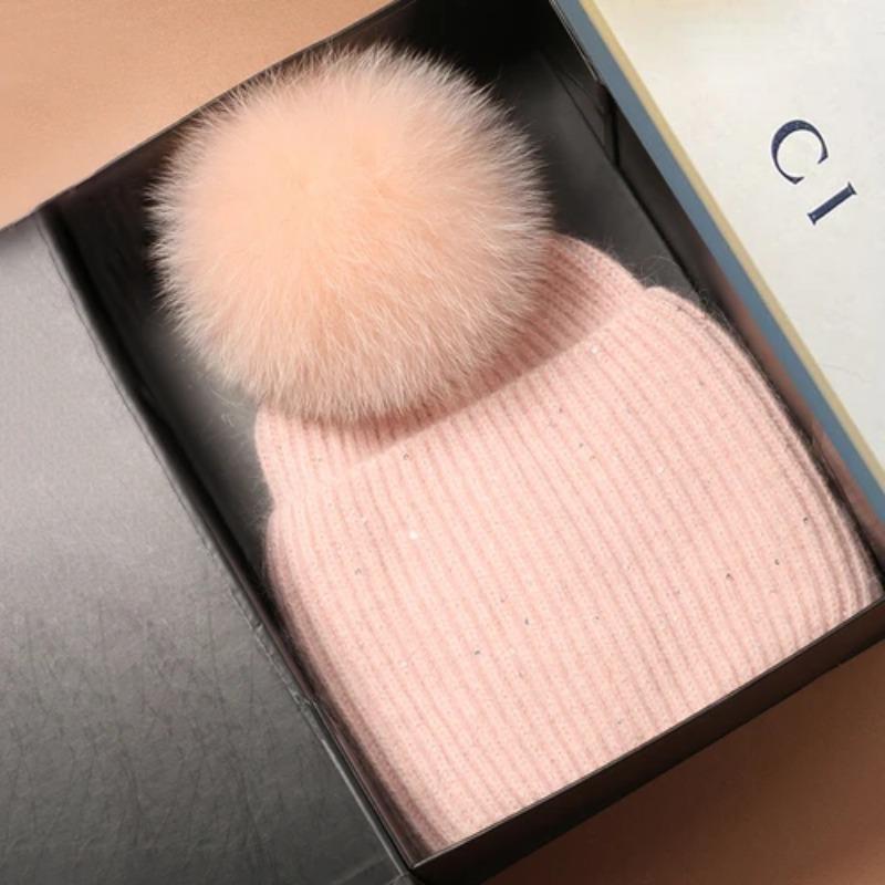 Женские белые розовые шапки с помпонами из натурального меха лисы для женщин, зимние теплые шапки-бини из ангольской шерсти, милые шапки-бини из шерсти для лыж