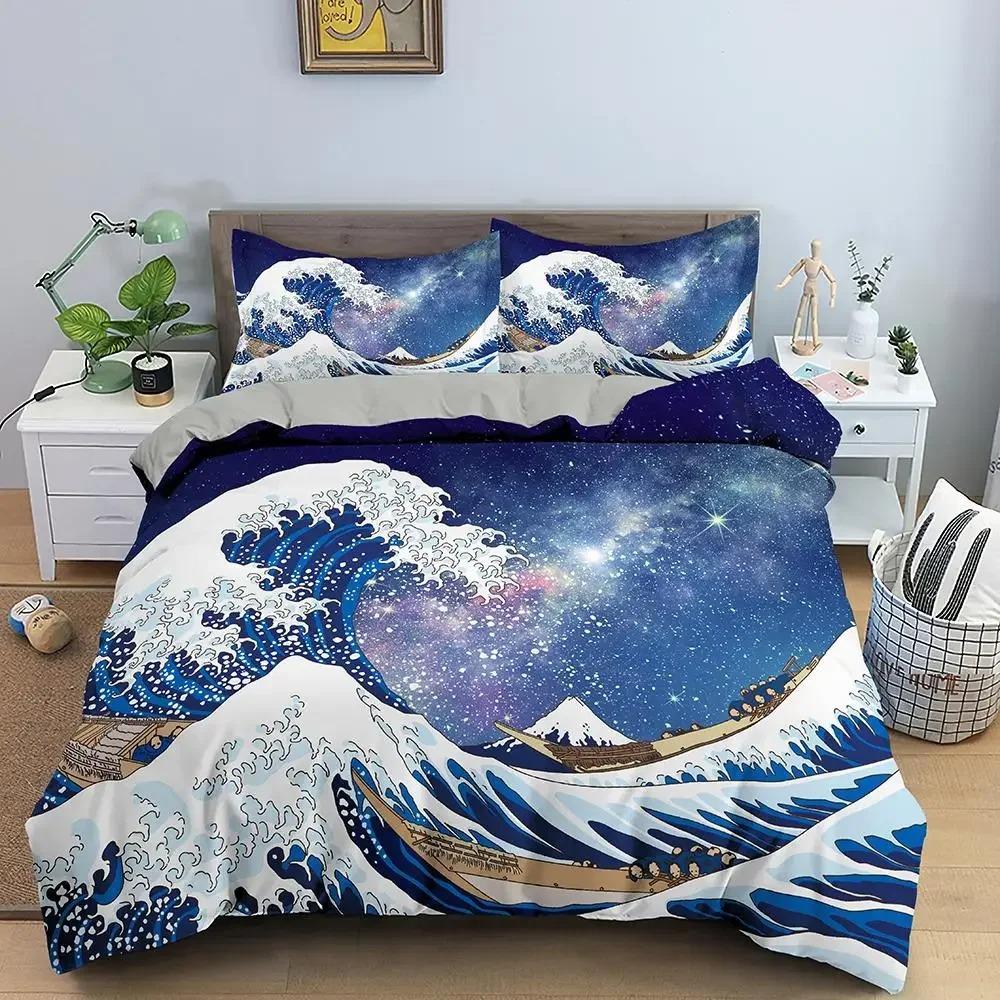 Комплект пододеяльника Wave для детей, подростков, взрослых, размера кинг, абстрактный, синий, океан, чехол для одеяла, волны, паруса, луна, полиэстеровый комплект постельного белья