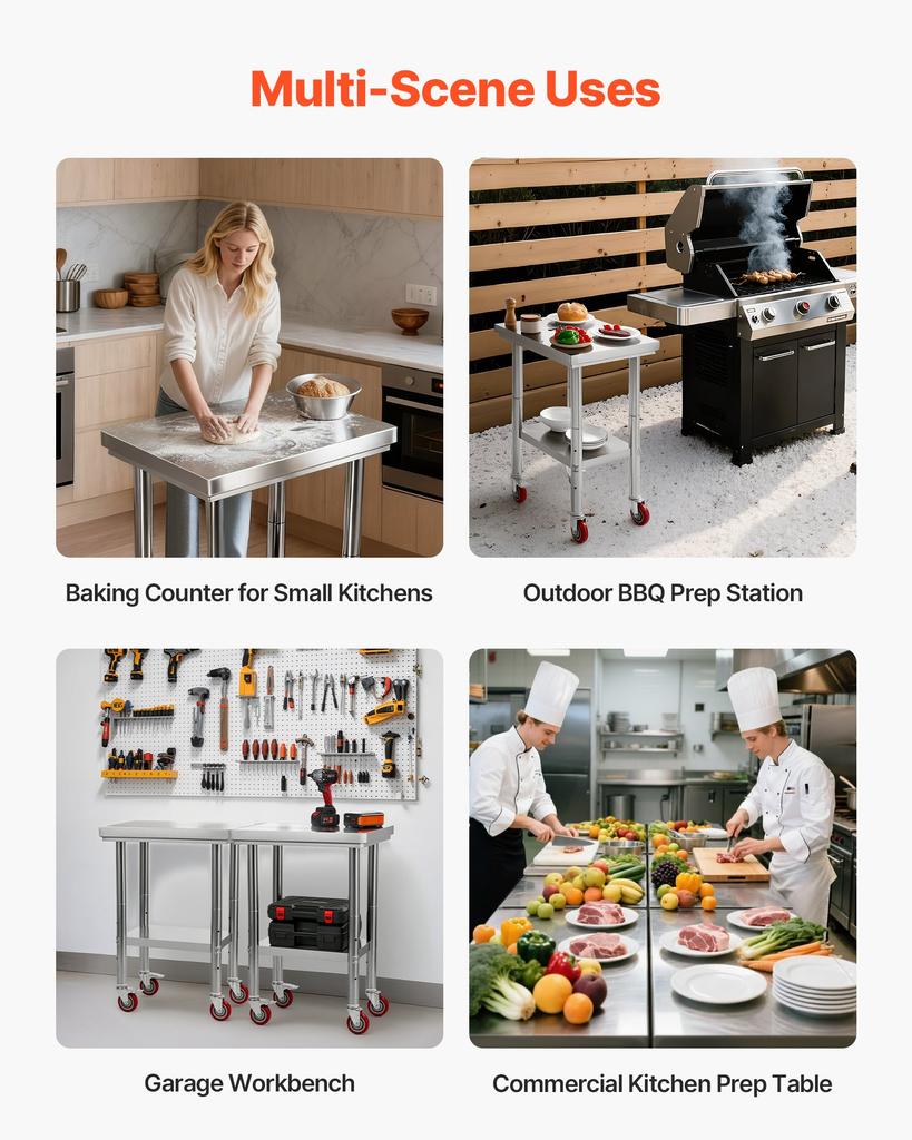 VEVOR Stainless Steel Table, 61 x 45 cm Food Prep Worktable with Wheels