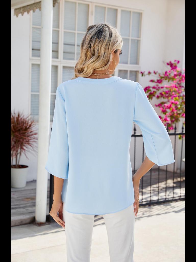 2024 Летний однотонный шифоновый топ с V-образным вырезом и рукавами средней длины для женщин