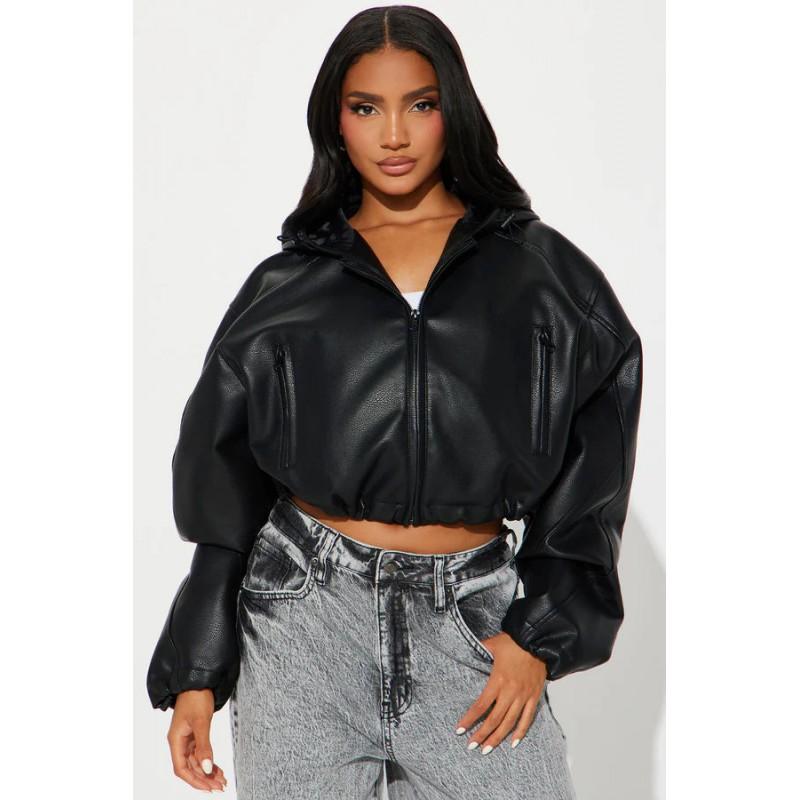 Womens Short Crocodile-Texture PU Leather Biker Jacket With Hood Zipper Waist Belt Streetwear