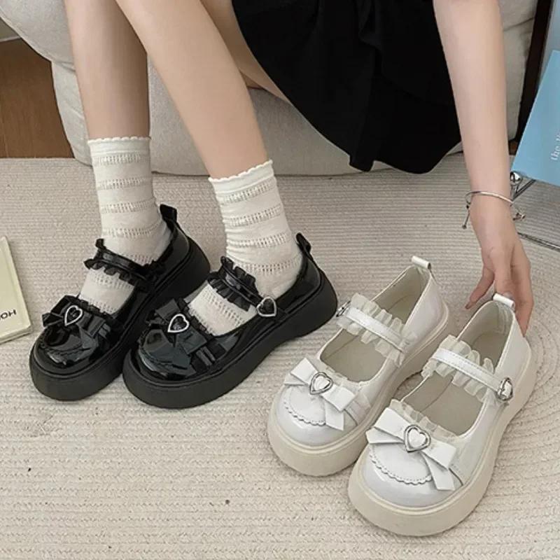Женская обувь 2024, модные женские туфли-лодочки с пряжкой, осенние туфли Мэри Джейн с круглым носком, однотонные туфли с галстуком-бабочкой, женские повседневные лоферы на платформе