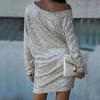Women Evening Dress Shiny Sequin Slant Neck One Shoulder Three Quarter Sleeve Loose Above Knee Mini Dress Prom Party Dress