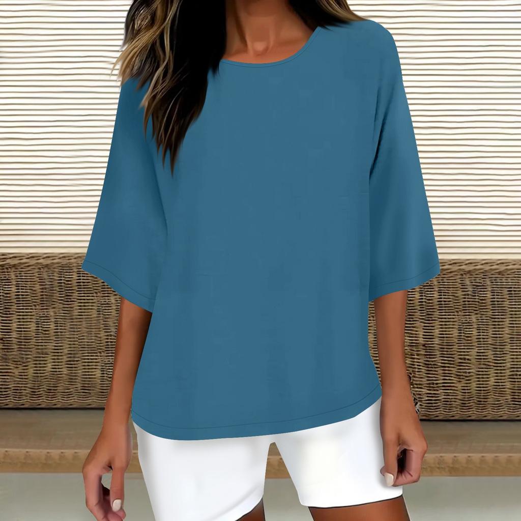 Женская модная однотонная повседневная футболка с рукавом семь восьмых и круглым вырезом, хлопковый топ