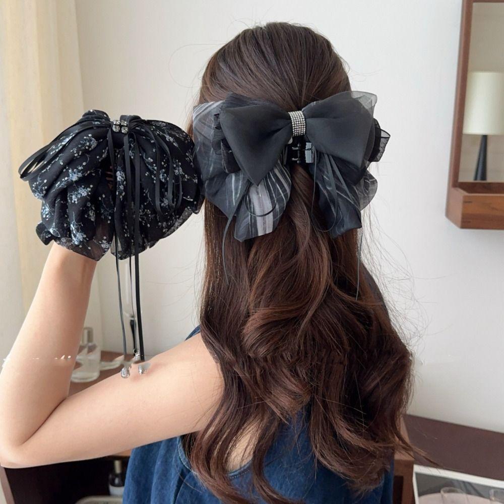 Grab Clip Chiffon Bowknot Hair Clip Polka Dot Flower Hairpin Sweet Bow Ribbon Hair Claw Girls