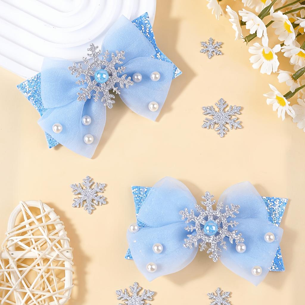 2Pcs Ice and Snow Double Sequin Pearl Bow Hair Accessories Snowflake Mesh Blue Decorative Hair Accessories Headgear