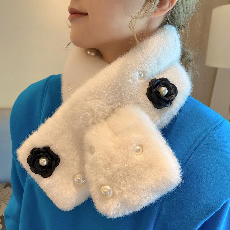 Soft Furry Plaid Scarf Korean Style Label Japanese Autumn and Winter Ins Plush Girl Scarf Imitation Rex Rabbit Fur Thickened