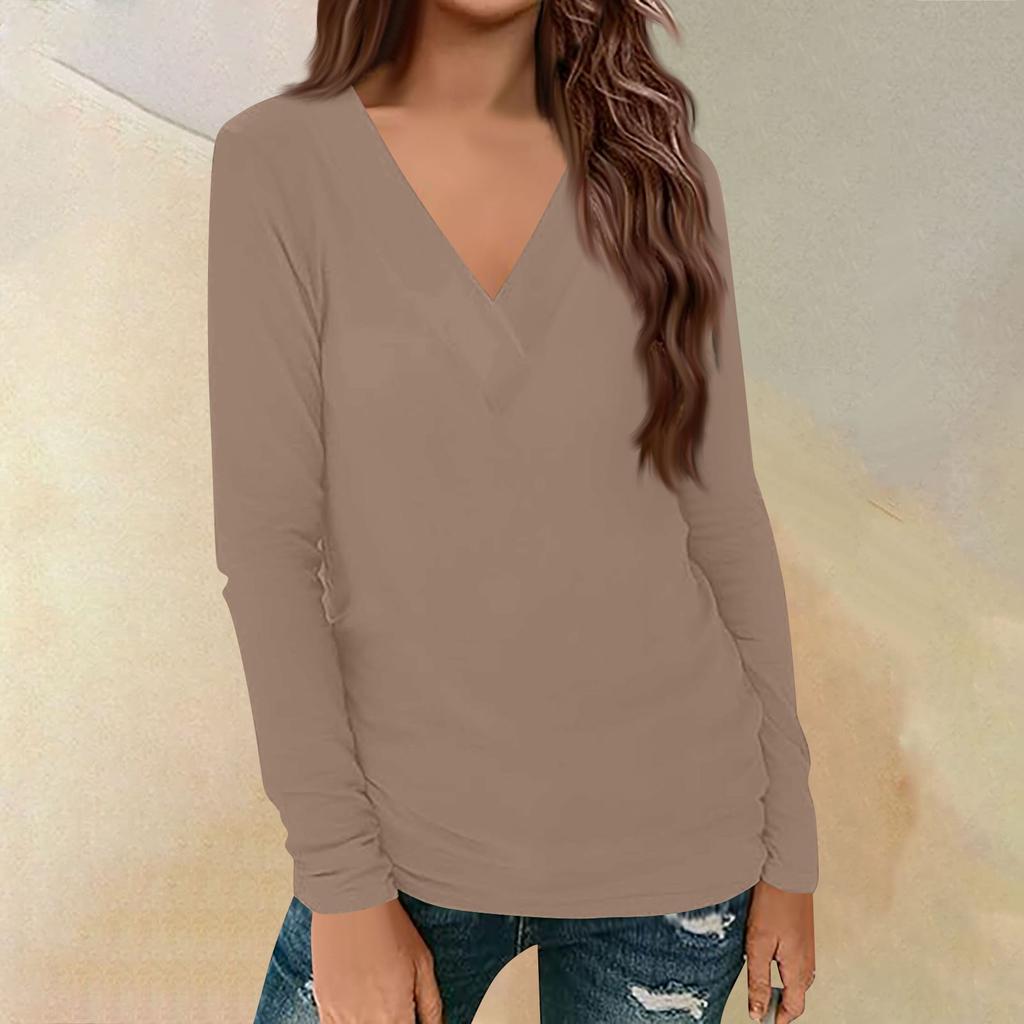 Женский повседневный однотонный принтованный длинный рукав свободный пуловер с V-образным вырезом