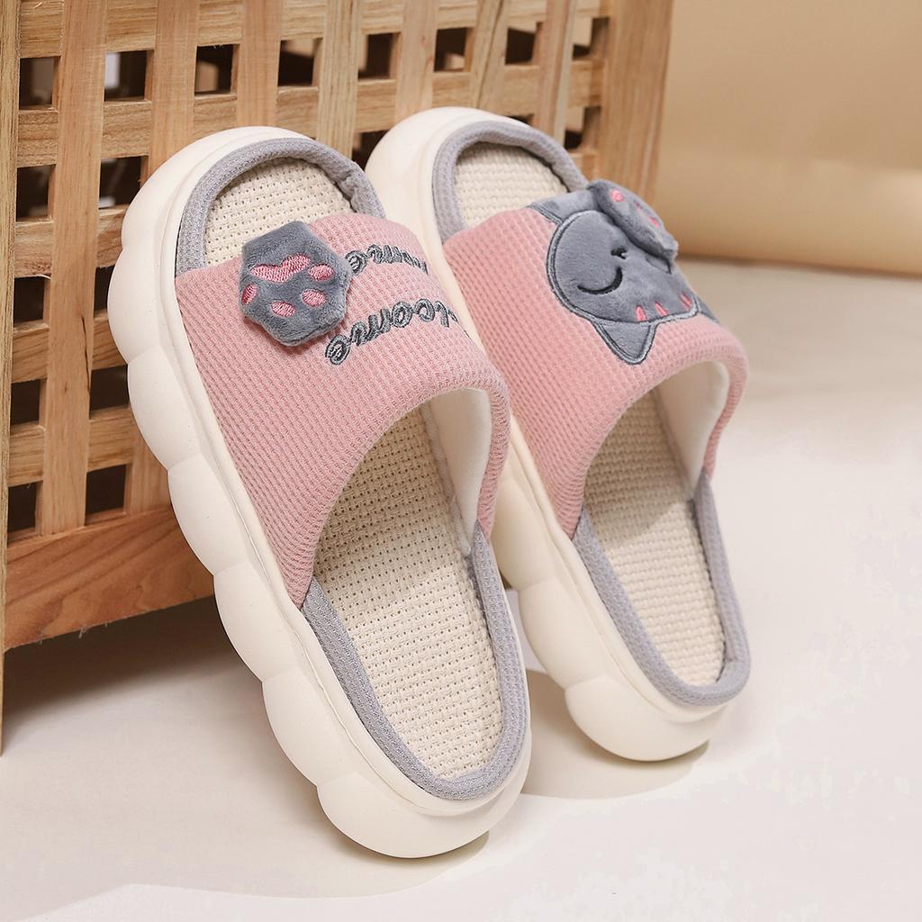 Cute Cartoon Cat Home Slippers for Women In All Four Seasons, Thick Soled Spring and Autumn Cotton Slippers for Indoor Use