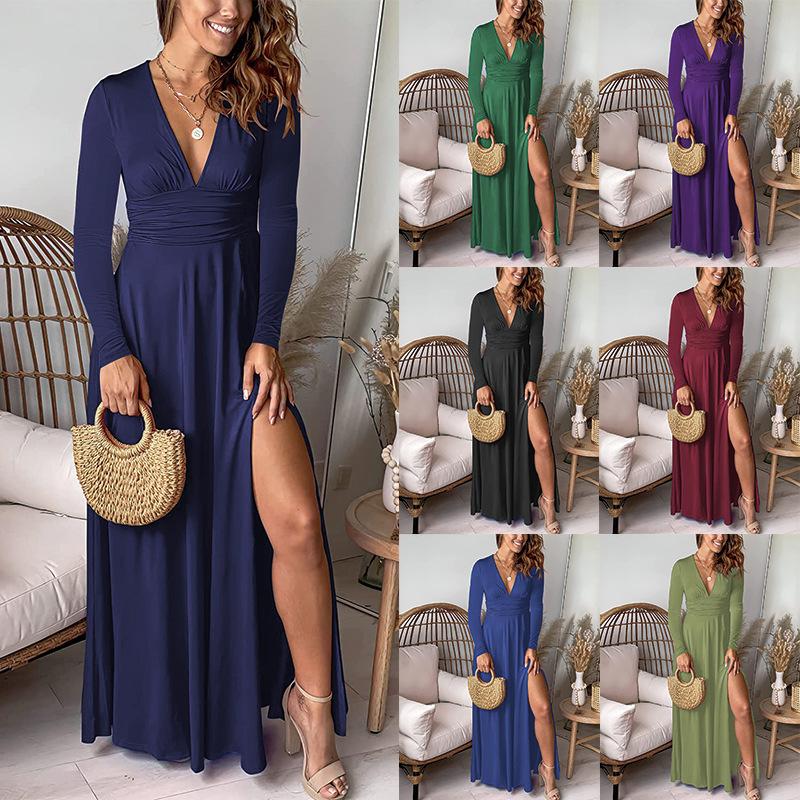 Women's Deep V-neck Long-sleeved Dress, Pleated, High-waisted Split, Club Party Evening Dress, Solid Color Long Skirt