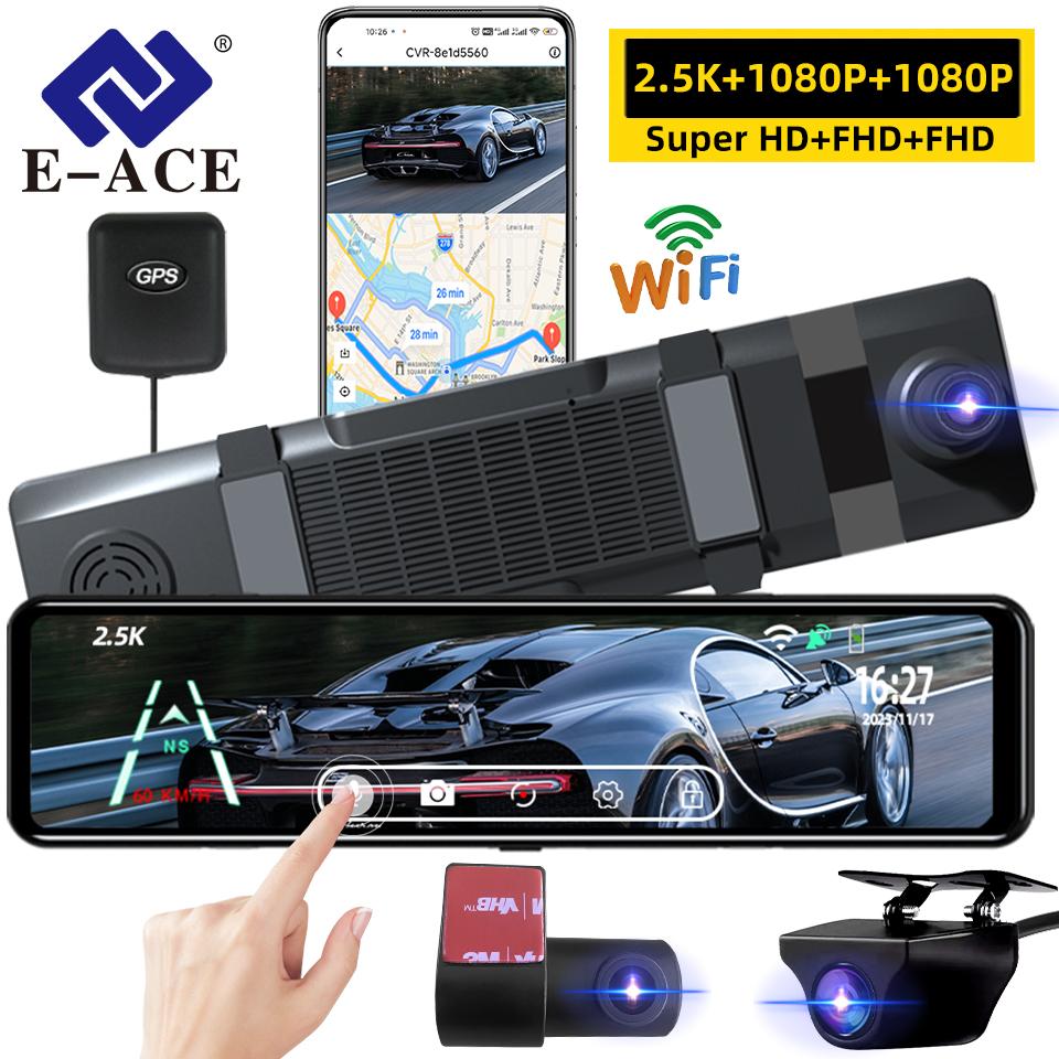 E-ACE 2.5K Car Dvr with WIFI, GPS, 3 Cameras and 12 - Inch IPS Touch Screen Is a Mirror Dash Cam Video Recorder with Night Vision.