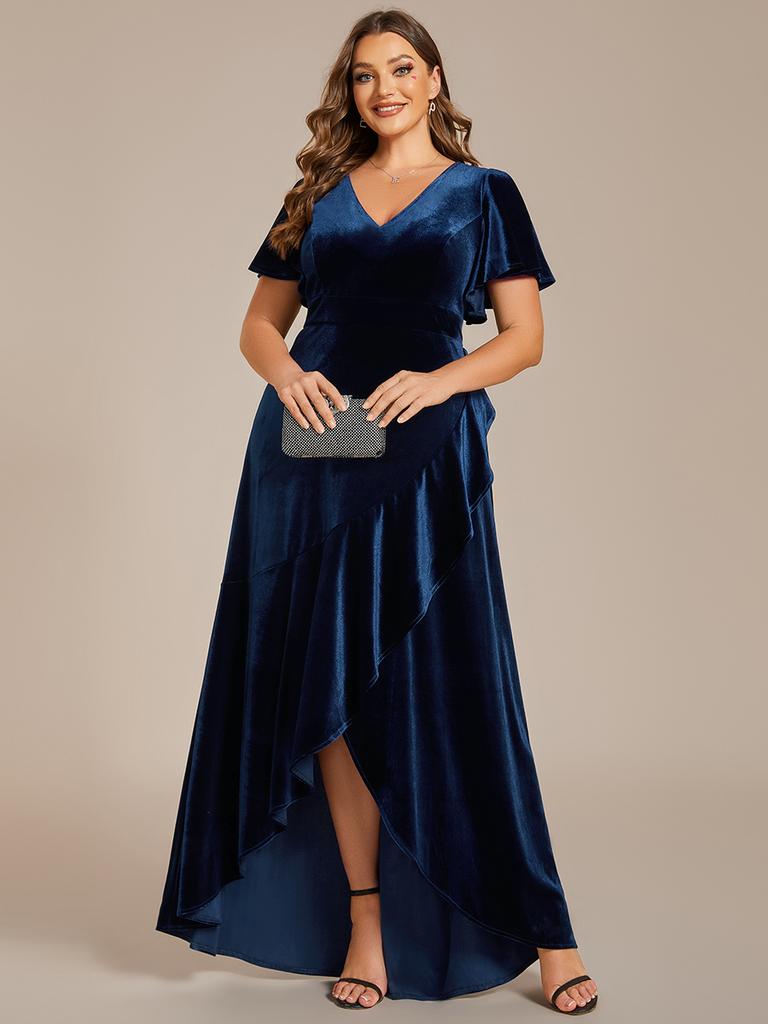 Ever-Pretty Women's Plus Size Velvet Lotus Leaf Ruffles Short Sleeves V Neck High-Low Hem Evening Dress