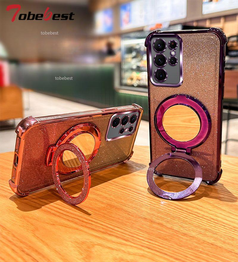 Противоударный чехол с гальваническим покрытием для Samsung Galaxy S25 S24 S23 S22 S21 S20 FE Ultra Plus 5G Зеркальная магнитная подставка-держатель