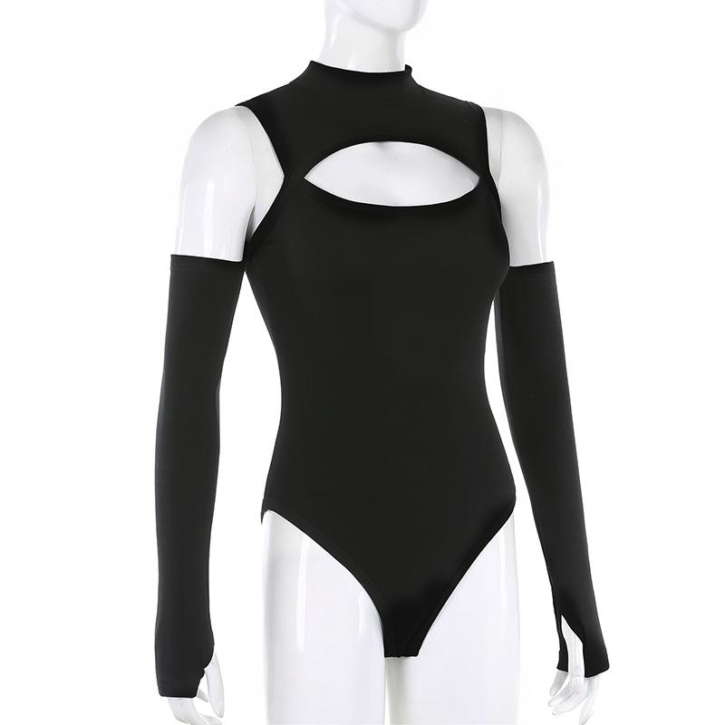 High Fashion Women’s Long-sleeved Bodysuit Solid Color Hollow Off-shoulder Half High Collar Jumpsuit