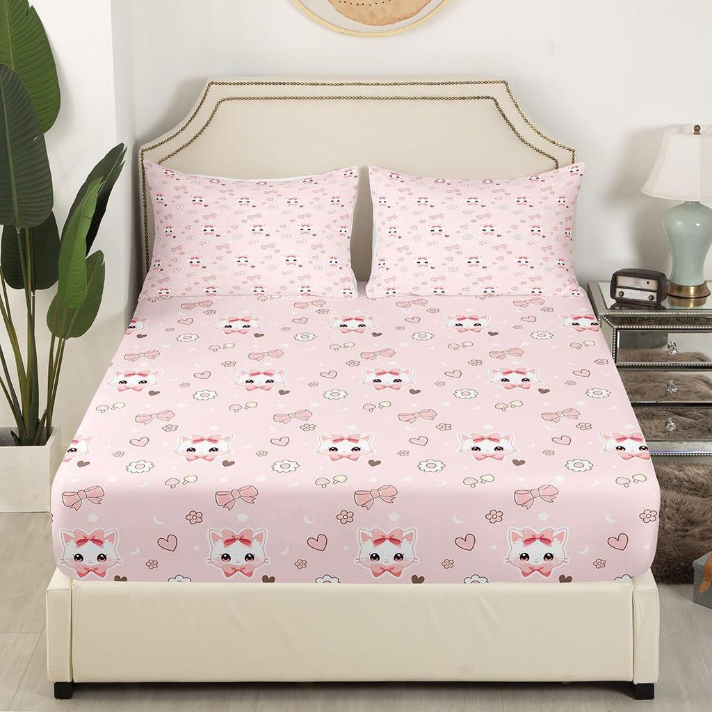Cute Animal Cartoon Cat Pattern Bed Hat Four-Piece Bedding Set Bedroom Dormitory Bedding Decoration
