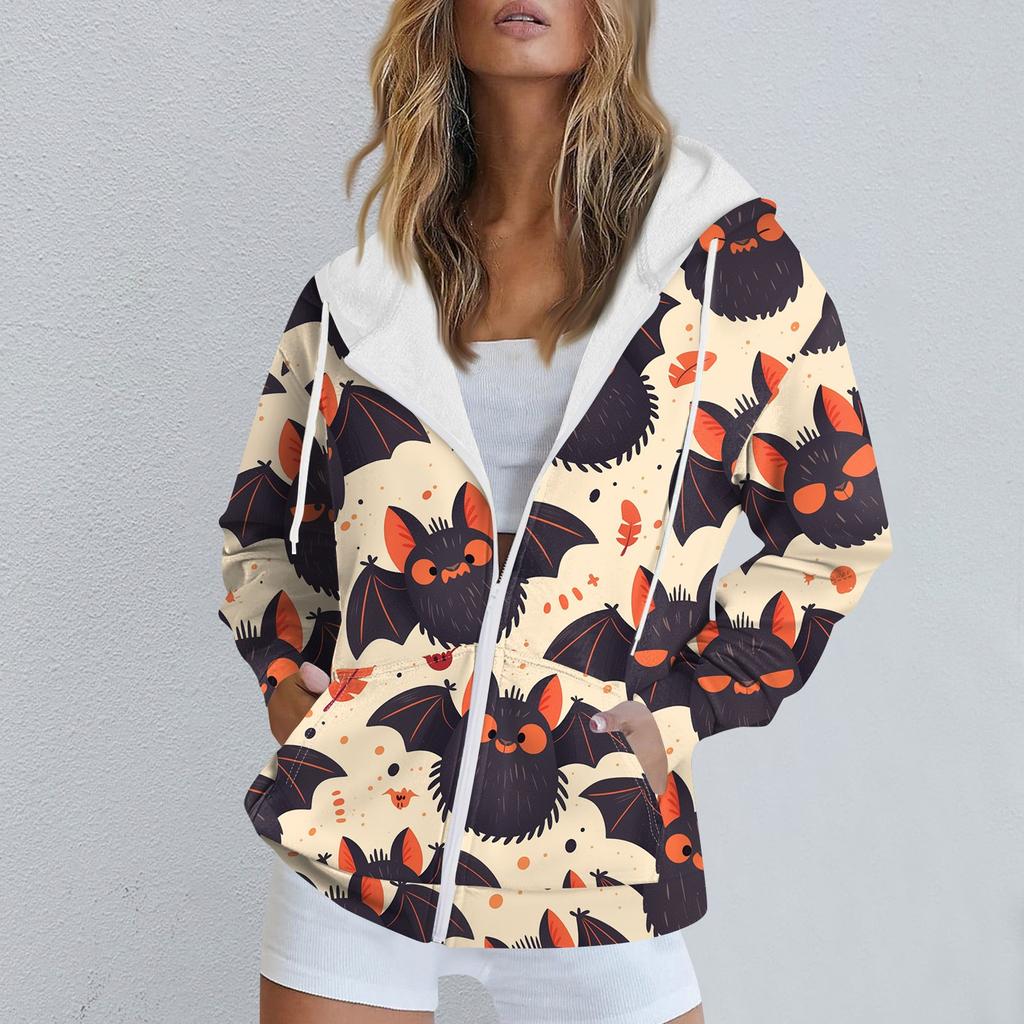 Женская повседневная спортивная одежда с принтом на Хэллоуин, осенне-зимняя куртка с капюшоном и длинными рукавами, с карманом на молнии