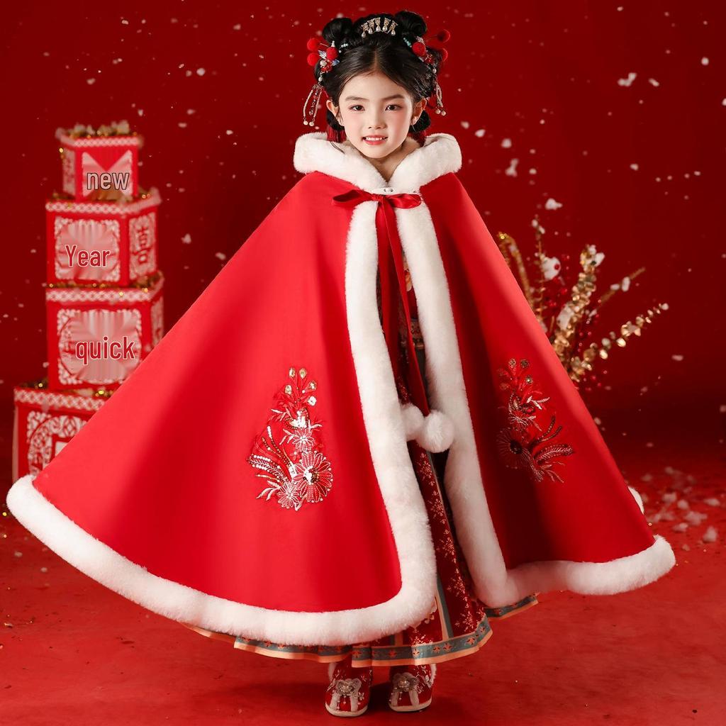 Зимний набор Hanfu для детей 2025: Девичья бархатная утолщенная новогодняя одежда в китайском стиле, платье-принцесса