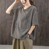 Fashion Cotton Linen T Shirt Women Half Lapel Short Sleeve T-shirt Summer Trend Tshirt Vintage Pocket Large Size Loose Plaid Top