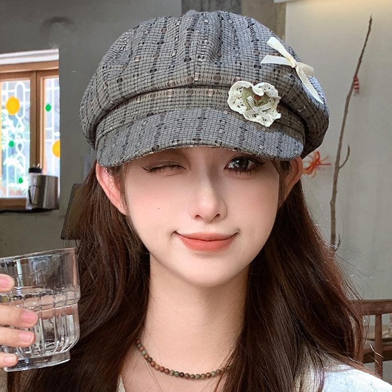 Корейская версия Осенняя Любовь Кружево Бант Клетка Берет Женский Сладкий Литературный Универсальный Высококлассный Шляпа Художника