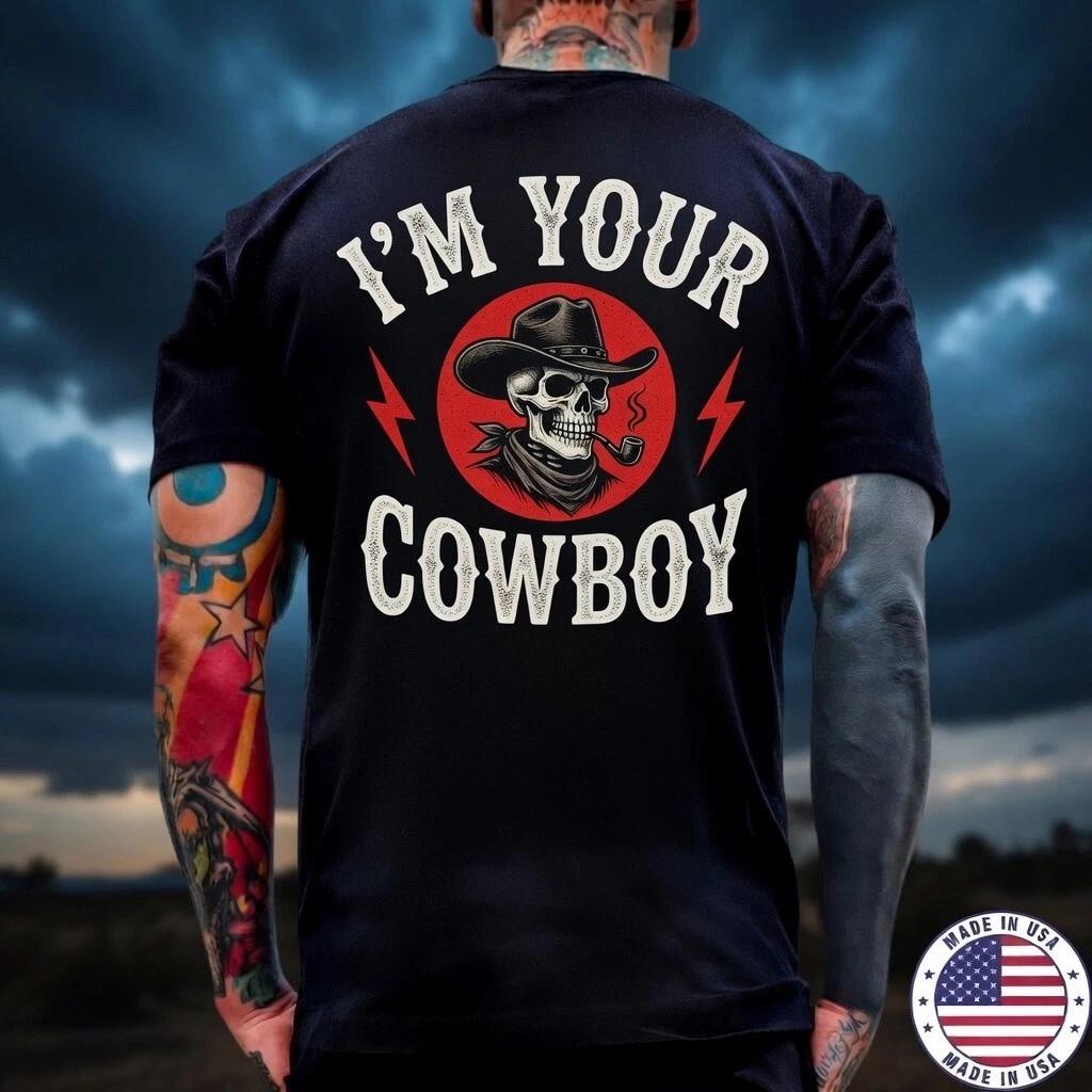 Mens Black Skeleton Cowboy T-Shirt Western Skull Graphic Tee Made in USA S-5XL