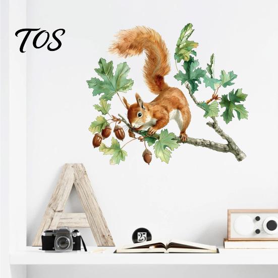Soft Watercolor Illustration Decals Squirrel Wall Sticker, Cute Tree Branch Decal, Stickers Forest Animal Mural Art for Living Room, Bedroom, Nursery