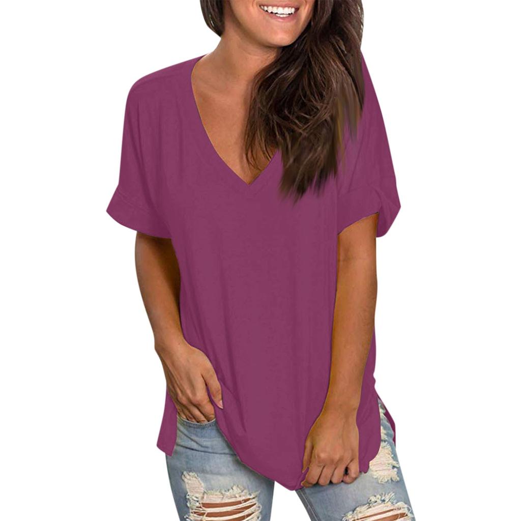 Women's Fashion Casual Solid Color V-Neck Short Sleeve Top Blouse