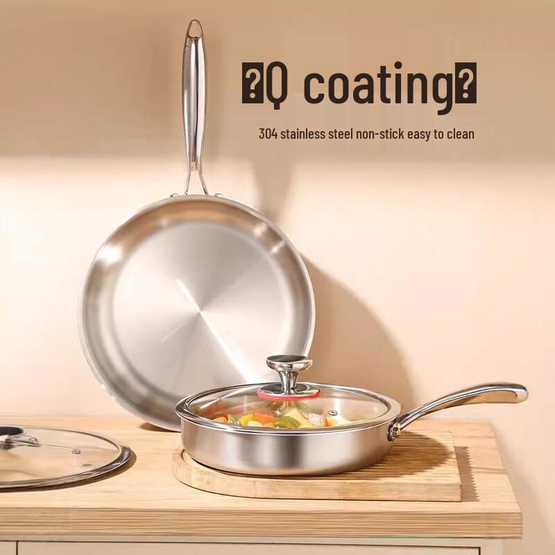 Zhishi 30CM 304 Stainless Steel Non-Stick Frying Pan with Lid