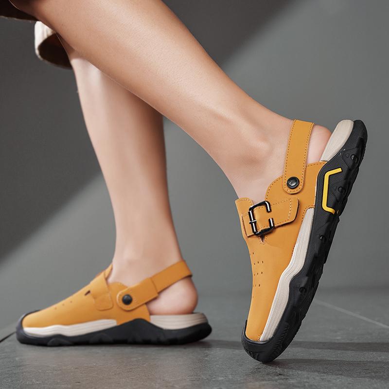 Модные мужские сандалии из перфорированной кожи, летние классические шлепанцы двойного назначения, мягкие, модные, повседневные, удобные, для улицы, пляжа, ходьбы