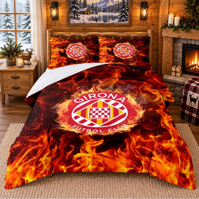 Printed 3Pcs Bedding Set Girona FC Pattern Bed Sheet Pillowcase For Bedroom Decor