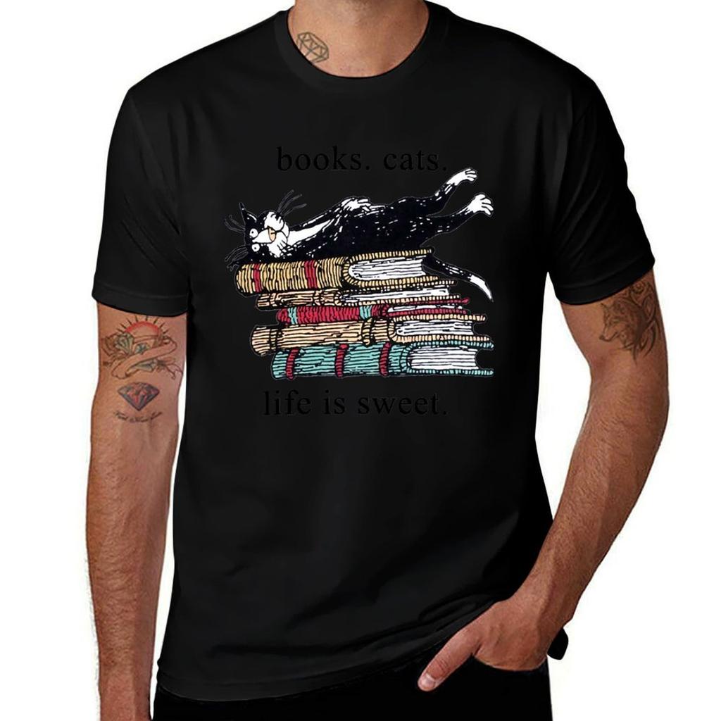 Books Cats Life Is Sweet Cat Book Lovers Reading Book Tshirt Summer Fashion Casual Tee Shirt