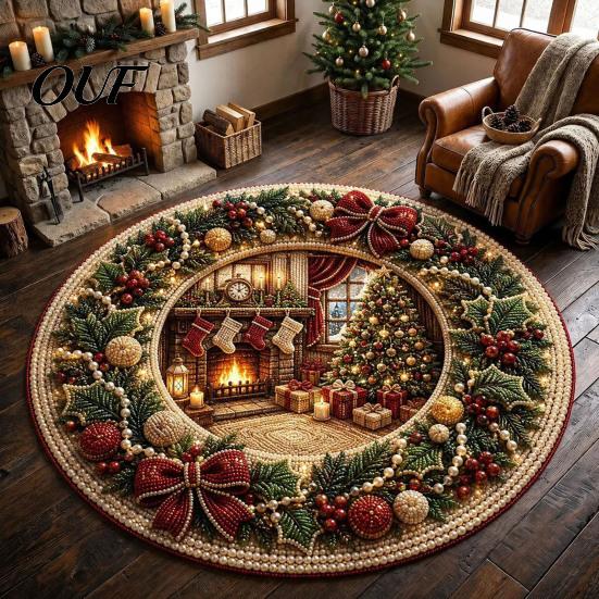 Holiday Fireplace Mat for Home Round Christmas 3D Rug, Optical Illusion Area Santa Gnome Rug Living Room Entrance Pattern, Non-slip Floor Entryway