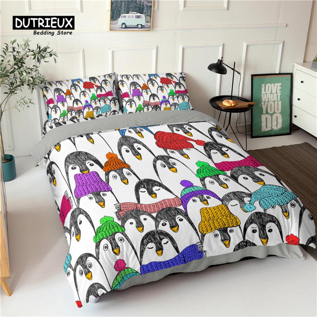 Пододеяльник с изображением пингвина, мультяшные животные, комплект постельного белья для малышей, детей и подростков, пододеяльник с изображением медведя и наволочками, декор для спальни