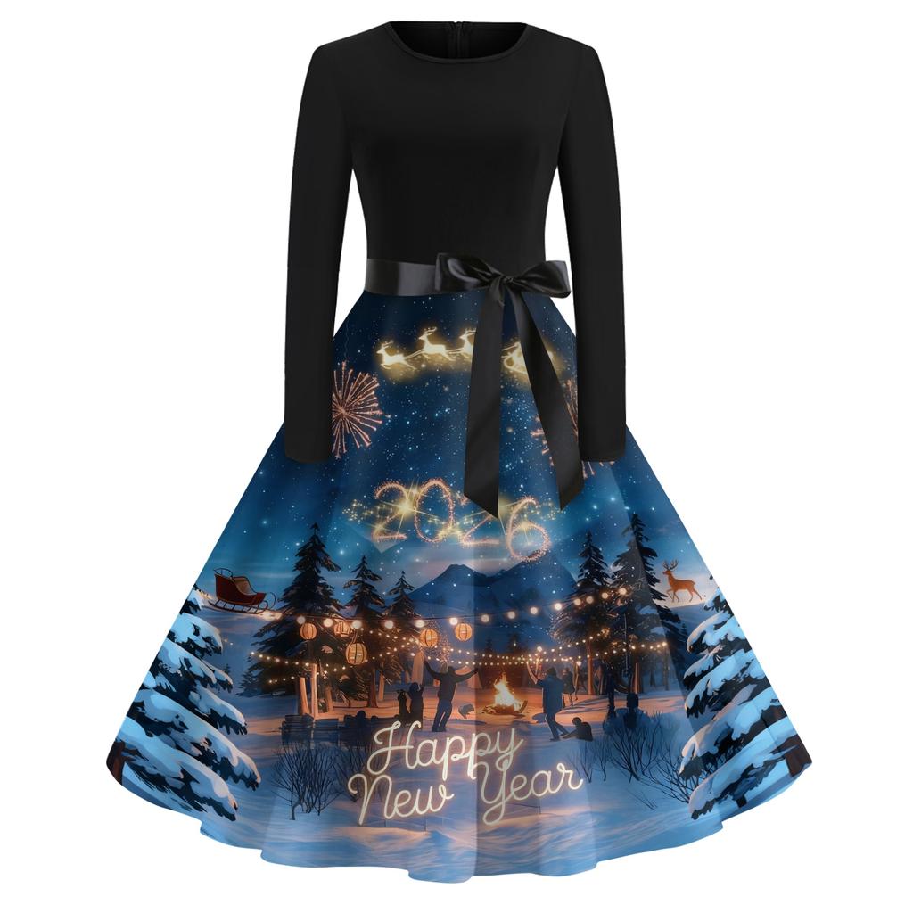 Женское повседневное модное платье с круглым вырезом и длинным рукавом с новогодним принтом в ретро-стиле