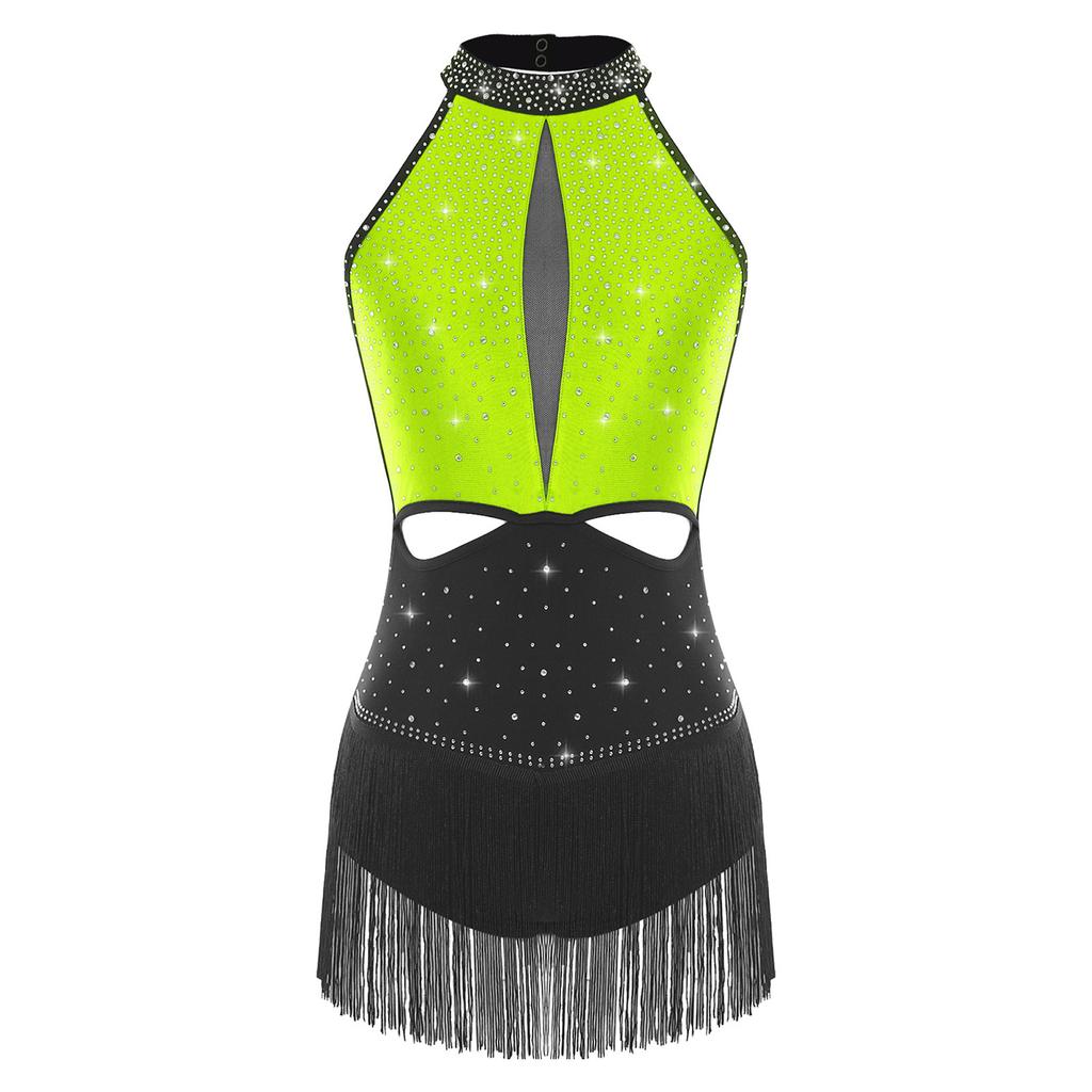Женский латиноамериканский джазовый танцевальный купальник, полностью расшитый стразами, юбка с бахромой, открытая спина, контрастный боди
