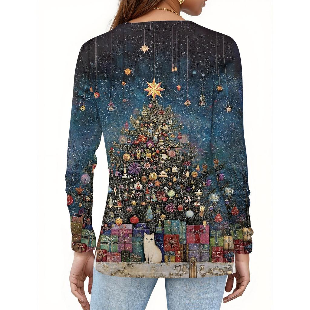 Women's Fashion Hem Slit Casual Christmas Printed Round Neck Long Sleeve Top