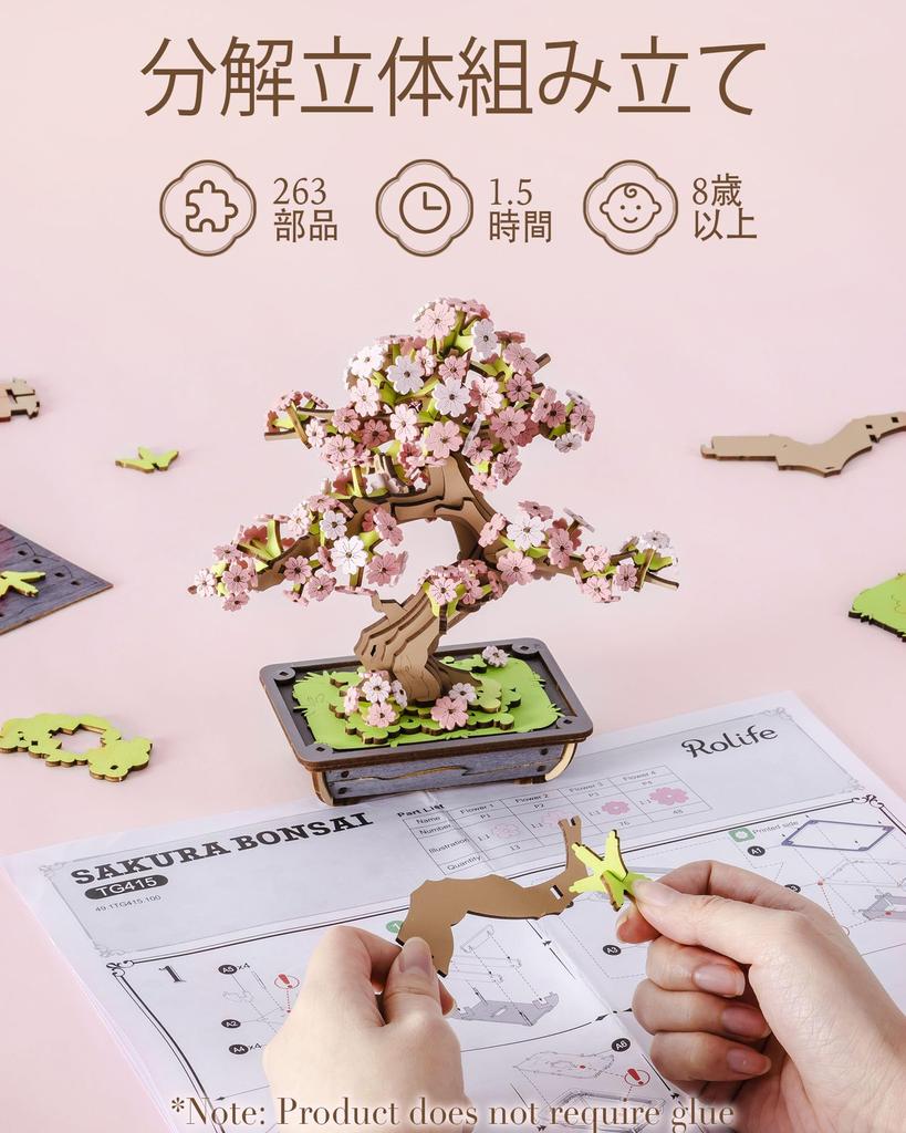 ROBOTIME 3D Wooden Puzzle, Cherry Blossom Bonsai and Evergreen Pine Bonsai, Assembly Kit, DIY Craft, Plant Collection, Architectural Model,