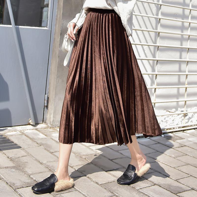 Student Velvet Female Skirt Pleated Spring And Autumn Korean Version High Waist Skirt Medium Length Slim Long Dress Female Trend