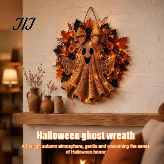 Decorative Wreath for Fireplace Rustic Halloween Ghost Front Door, Farmhouse Burlap Hanging Door with Maple Leaves, Sunflowers Porch Wall Indoor